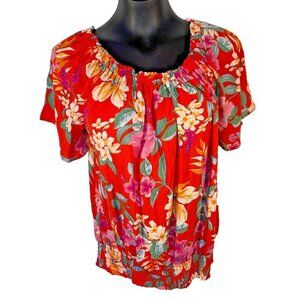 Cynthia Rowley Blouse NWT Red Tropical Short Sleeve Gathered Waist Women's SZ L